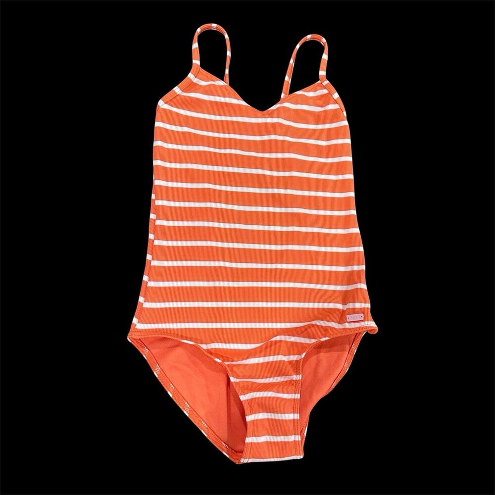 Roxy Girl Size 8 Orange/White Stripes Ribbed (Kinda Savage One Piece Swimsuit)